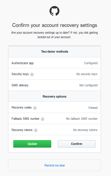 Github asking me to confirm my account recovery settings, I could risk getting locked out of my account